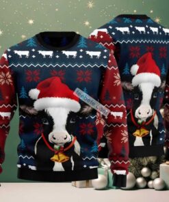 Cow Face And Xmas Bell Ugly Christmas Sweater Big And Tall Blue Red