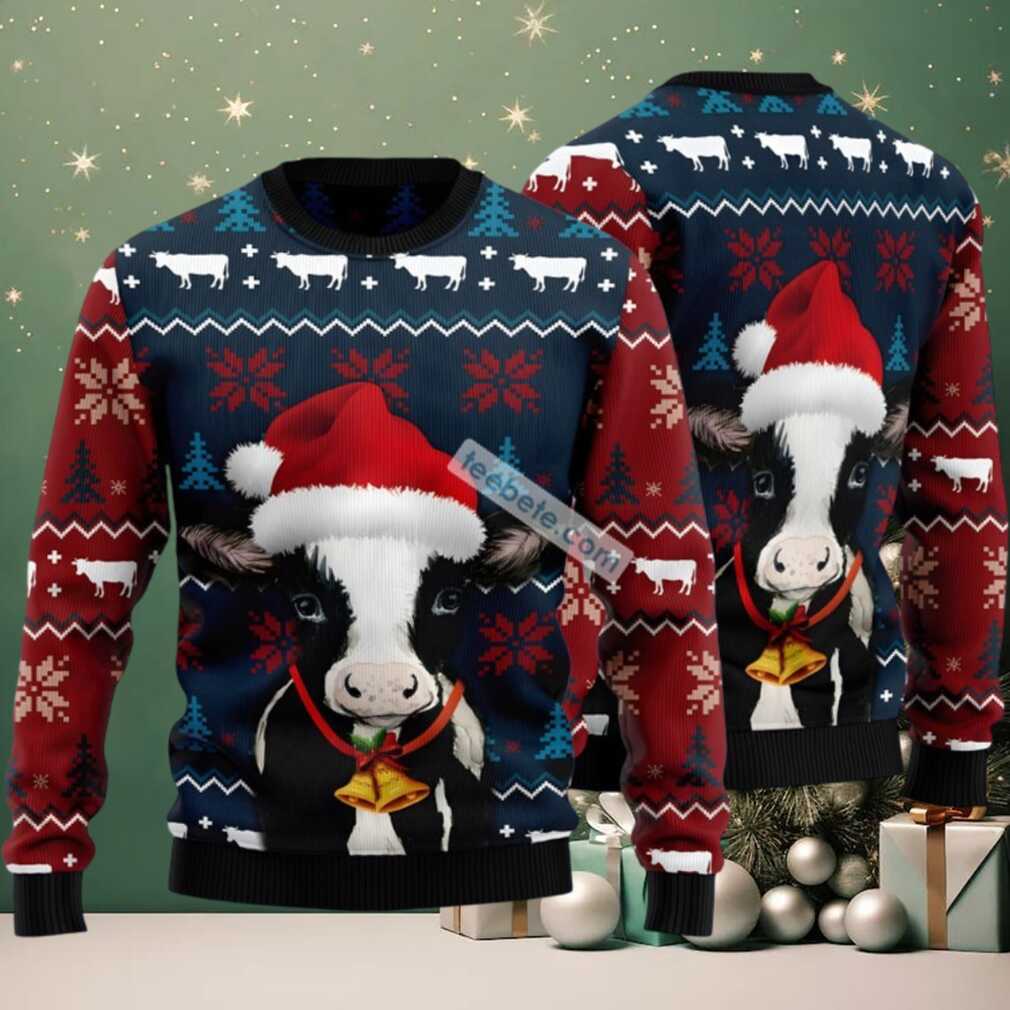 Cow Face And Xmas Bell Ugly Christmas Sweater Big And Tall Blue Red Cow Face And Xmas Bell Ugly Christmas Sweater Big And Tall Blue Red