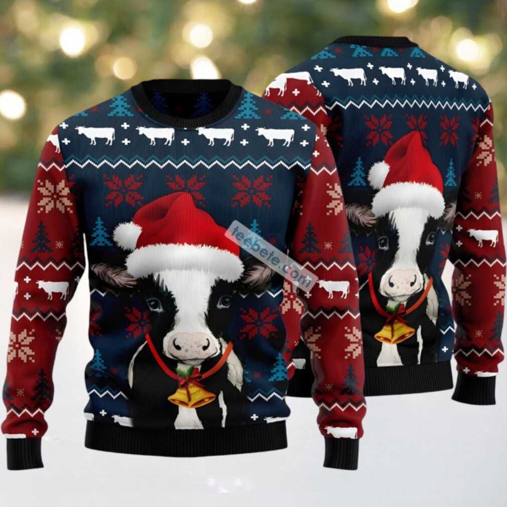 Cow Face And Xmas Bell Ugly Christmas Sweater Big And Tall Blue Red Cow Face And Xmas Bell Ugly Christmas Sweater Big And Tall Blue Red