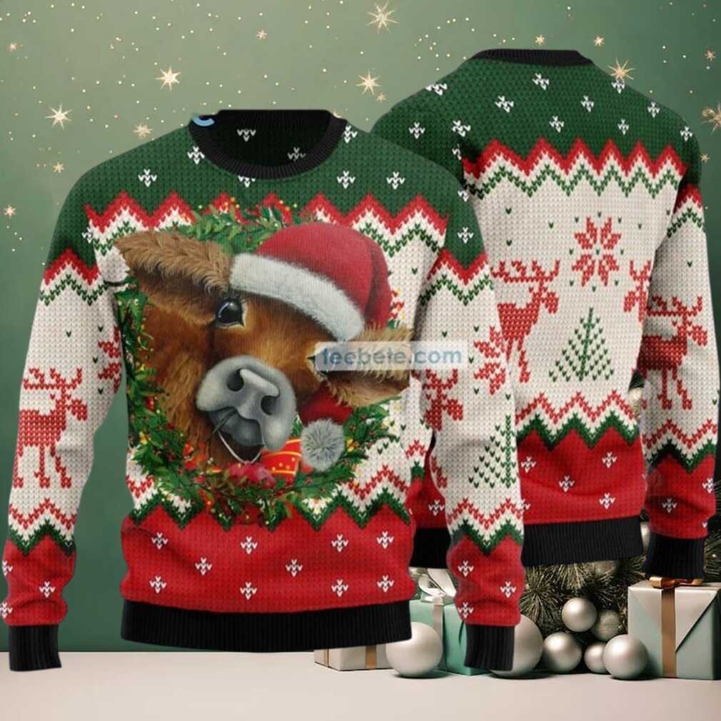 Cow Face Christmas Wreath Ugly Christmas Sweaters Best, hoodie, sweater, long sleeve and tank top Cow Face Christmas Wreath Ugly Christmas Sweater Best