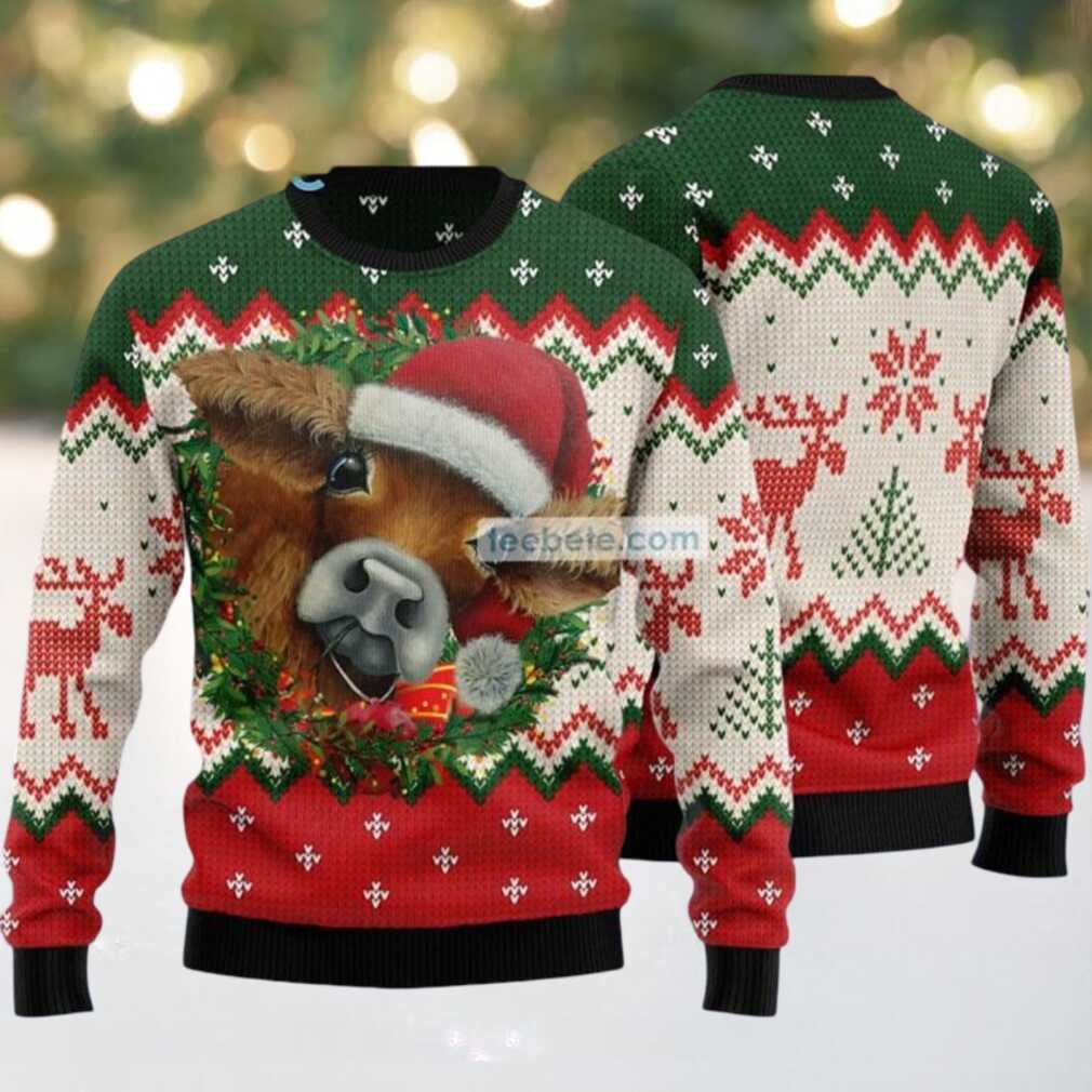 Cow Face Christmas Wreath Ugly Christmas Sweaters Best, hoodie, sweater, long sleeve and tank top Cow Face Christmas Wreath Ugly Christmas Sweater Best