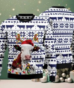 Cow Face Reindeer Hat Ugly Christmas Sweater Cute White