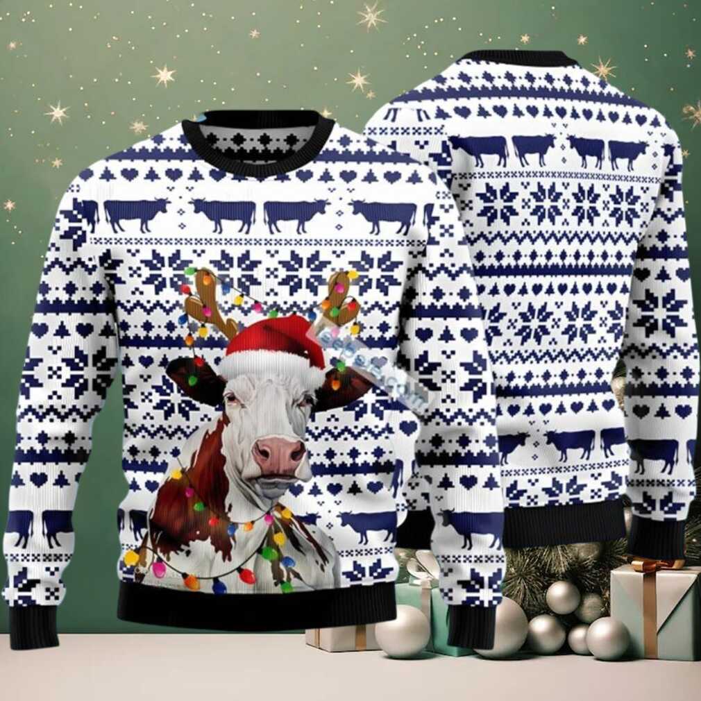 Cow Face Reindeer Hat Ugly Christmas Sweater Cute White, hoodie, sweater, long sleeve and tank top Cow Face Reindeer Hat Ugly Christmas Sweater Cute White