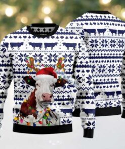 Cow Face Reindeer Hat Ugly Christmas Sweater Cute White, hoodie, sweater, long sleeve and tank top Cow Face Reindeer Hat Ugly Christmas Sweater Cute White