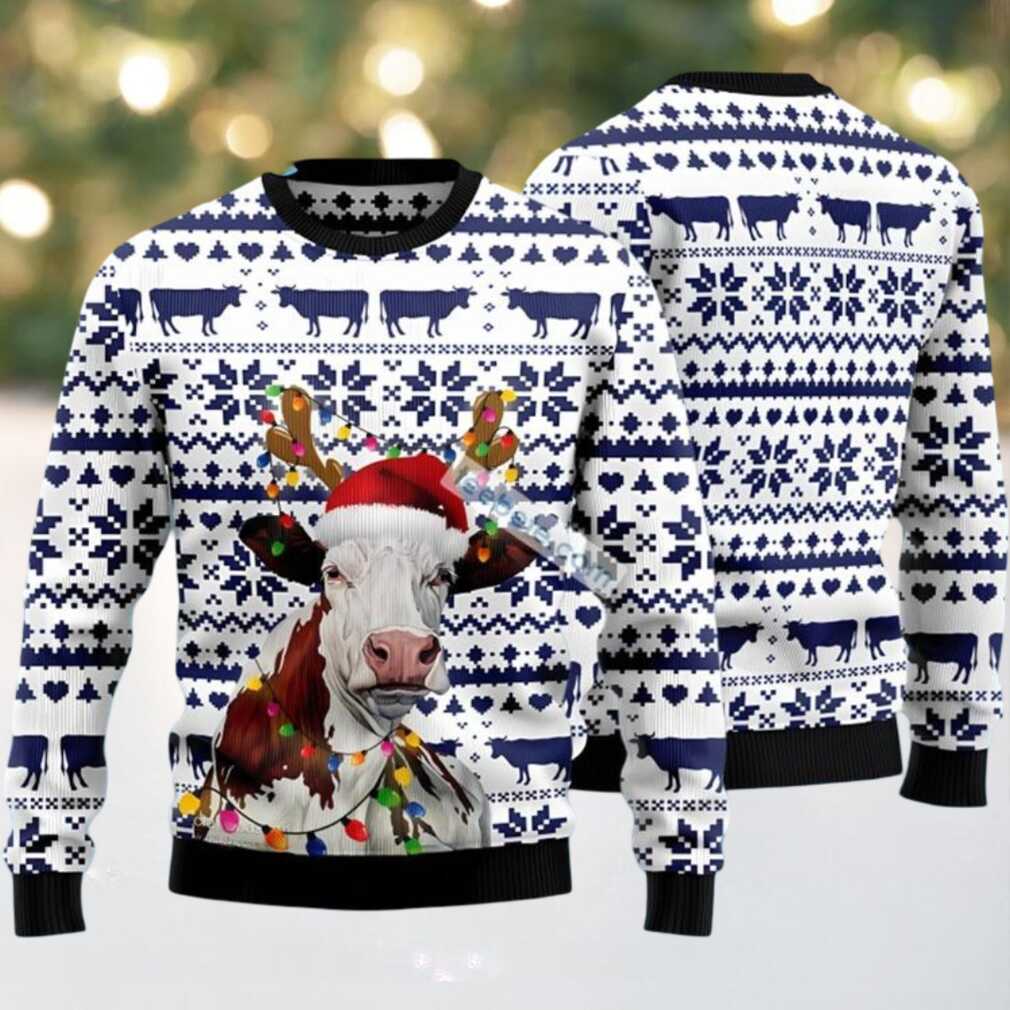 Cow Face Reindeer Hat Ugly Christmas Sweater Cute White, hoodie, sweater, long sleeve and tank top Cow Face Reindeer Hat Ugly Christmas Sweater Cute White