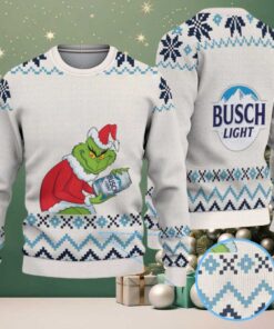 Cream & Blue Geometric Pattern “Busch Light Grinch Santa” Ugly Christmas Sweater