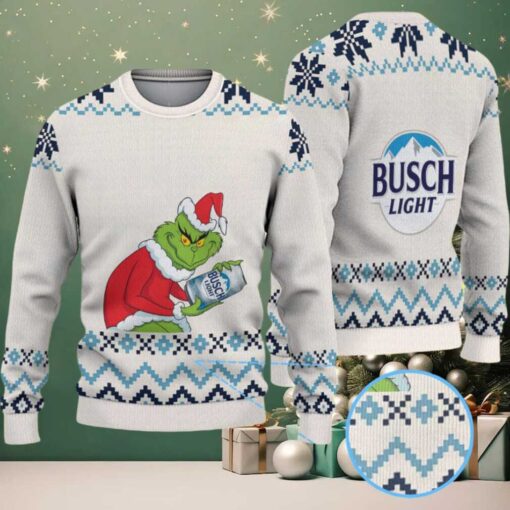 Cream & Blue Geometric Pattern “Busch Light Grinch Santa” Ugly Christmas Sweater