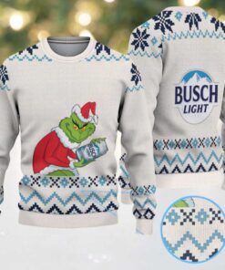 Cream & Blue Geometric Pattern “Busch Light Grinch Santa” Ugly Christmas Sweater