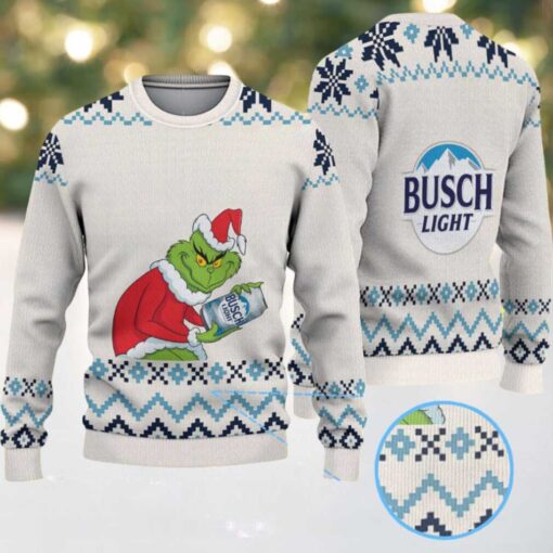 Cream & Blue Geometric Pattern “Busch Light Grinch Santa” Ugly Christmas Sweater