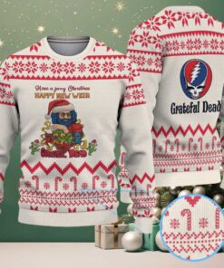 Cream Grateful Dead Jerry Christmas Santa with Red Candy Cane and Snowflake Pattern Vintage Ugly Christmas Sweater