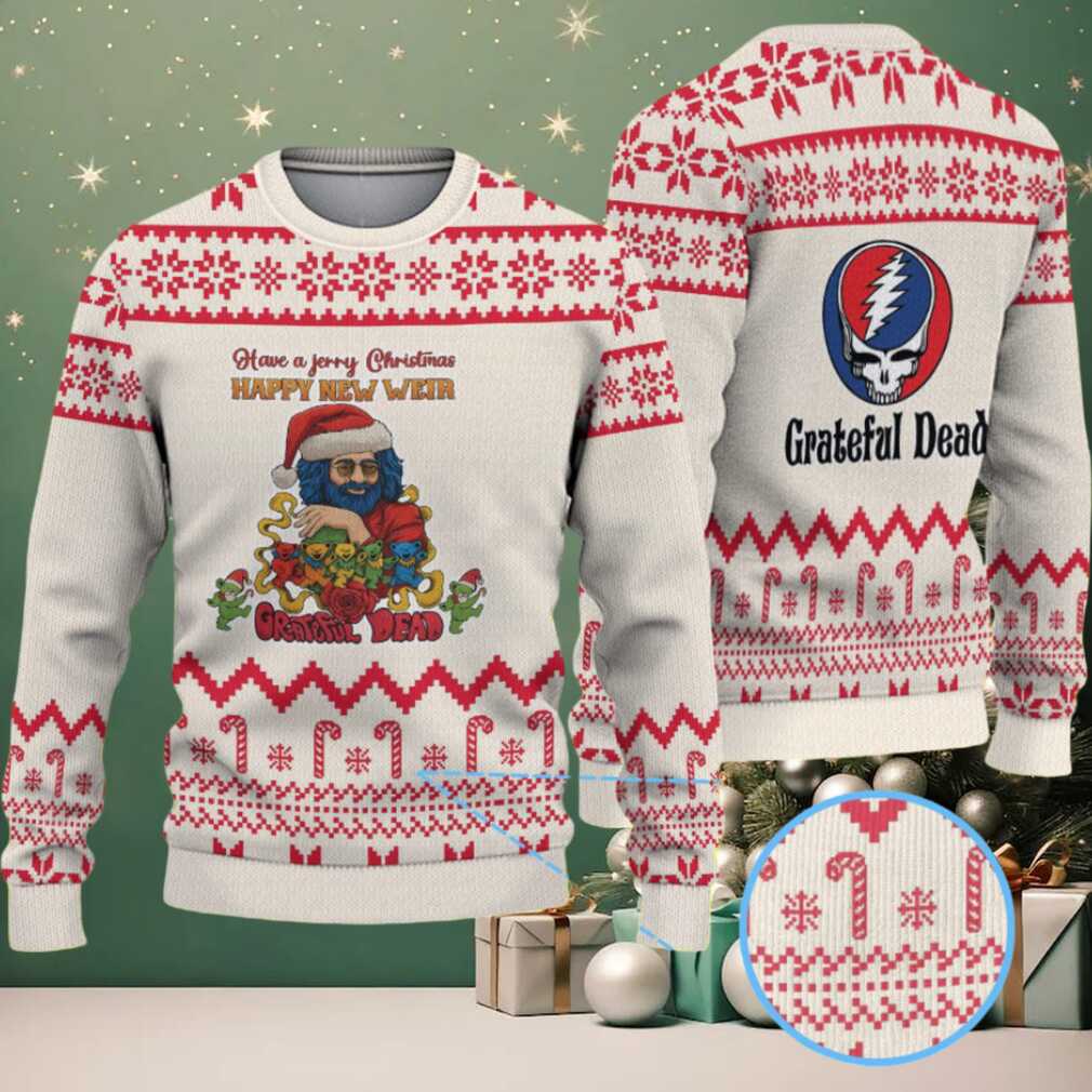 Cream Grateful Dead Jerry Christmas Santa with Red Candy Cane and Snowflake Pattern Vintage Ugly Christmas Sweater Cream Grateful Dead Jerry Christmas Santa with Red Candy Cane and Snowflake Pattern Vintage Ugly Christmas Sweater