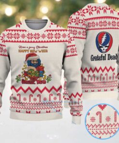 Cream Grateful Dead Jerry Christmas Santa with Red Candy Cane and Snowflake Pattern Vintage Ugly Christmas Sweater