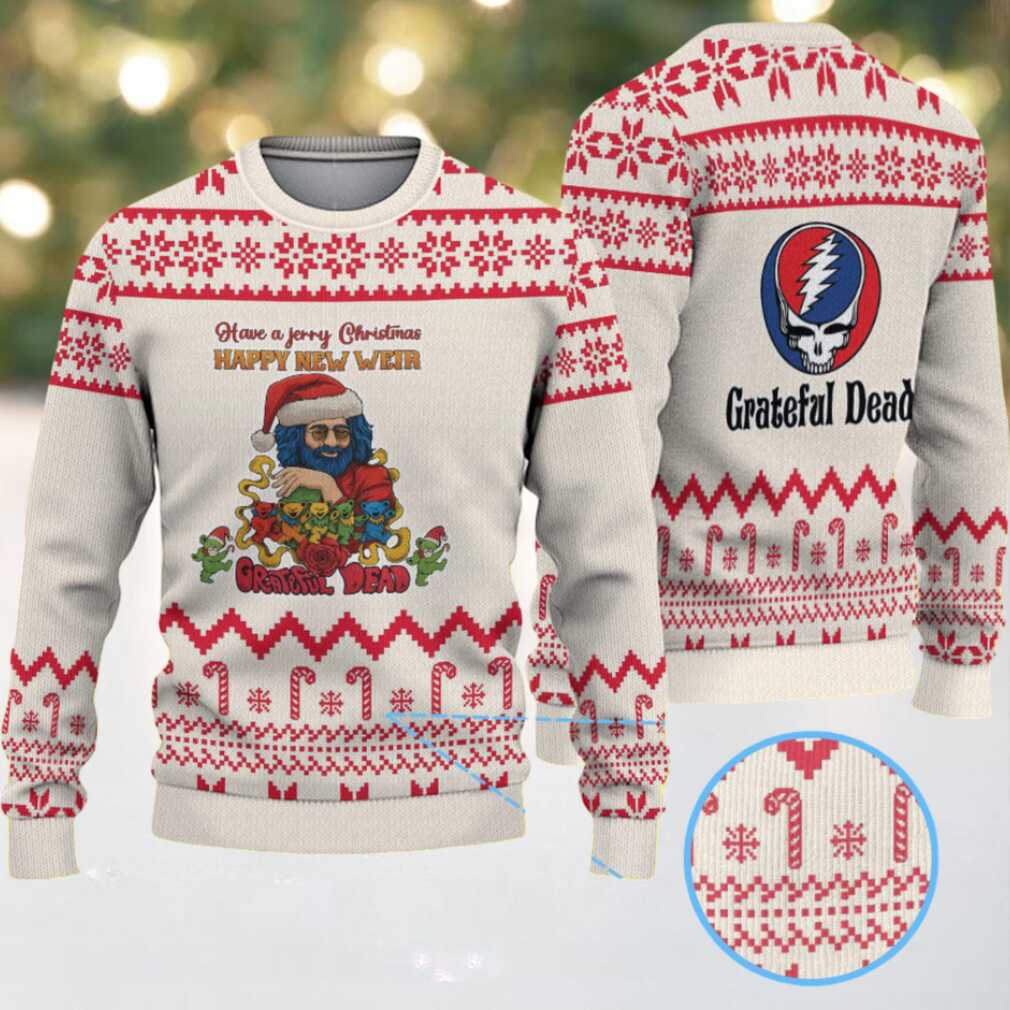 Cream Grateful Dead Jerry Christmas Santa with Red Candy Cane and Snowflake Pattern Vintage Ugly Christmas Sweater Cream Grateful Dead Jerry Christmas Santa with Red Candy Cane and Snowflake Pattern Vintage Ugly Christmas Sweater