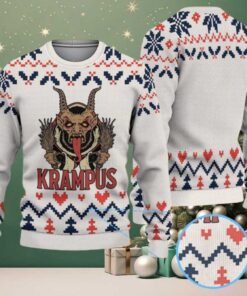 Cream Red Blue Nordic Pattern “Krampus Demon Christmas” Ugly Sweater