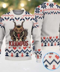 Cream Red Blue Nordic Pattern “Krampus Demon Christmas” Ugly Sweater
