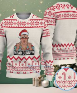 Cream & Red Candy Cane Pattern “Bad Bunny Santa Energy” Ugly Christmas Sweater