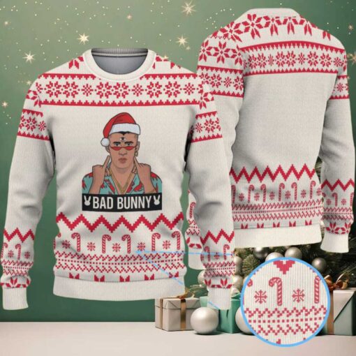 Cream & Red Candy Cane Pattern “Bad Bunny Santa Energy” Ugly Christmas Sweater