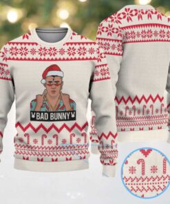 Cream & Red Candy Cane Pattern “Bad Bunny Santa Energy” Ugly Christmas Sweater