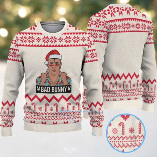 Cream & Red Candy Cane Pattern “Bad Bunny Santa Energy” Ugly Christmas Sweater