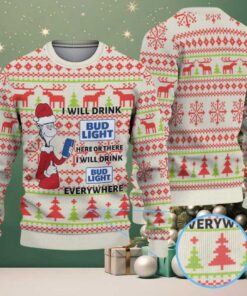 Cream Red and Green Reindeer Tree Pattern Dr. Seuss Bud Light Funny Ugly Christmas Sweater