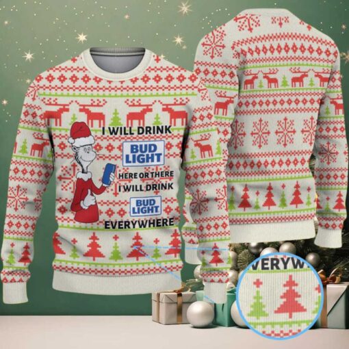 Cream Red and Green Reindeer Tree Pattern Dr. Seuss Bud Light Funny Ugly Christmas Sweater