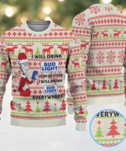 Cream Red and Green Reindeer Tree Pattern Dr. Seuss Bud Light Funny Ugly Christmas Sweater