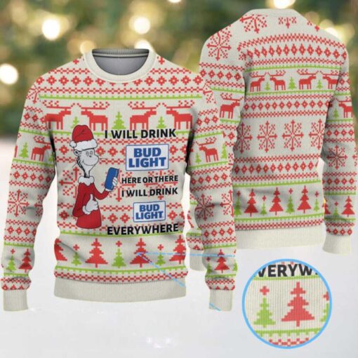 Cream Red and Green Reindeer Tree Pattern Dr. Seuss Bud Light Funny Ugly Christmas Sweater