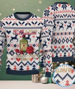 Cream Red and Navy Blue Reindeer and Heart Pattern “Get Me a Drink That Requires a Constitution Save” Ugly Christmas Sweater Featuring Jameson Irish Whiskey
