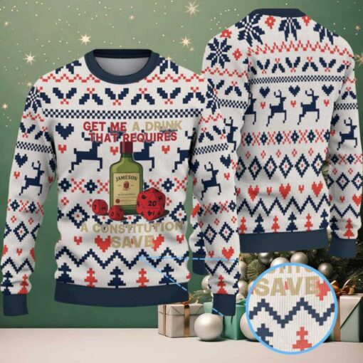 Cream Red and Navy Blue Reindeer and Heart Pattern “Get Me a Drink That Requires a Constitution Save” Ugly Christmas Sweater Featuring Jameson Irish Whiskey