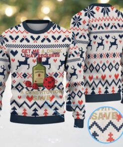 Cream Red and Navy Blue Reindeer and Heart Pattern “Get Me a Drink That Requires a Constitution Save” Ugly Christmas Sweater Featuring Jameson Irish Whiskey