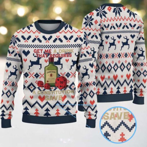Cream Red and Navy Blue Reindeer and Heart Pattern “Get Me a Drink That Requires a Constitution Save” Ugly Christmas Sweater Featuring Jameson Irish Whiskey