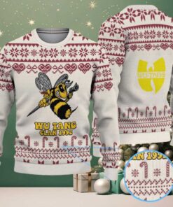 Cream and Burgundy Candy Cane Pattern “Wu Tang Clan 1992 Bee Logo” Ugly Christmas Sweater