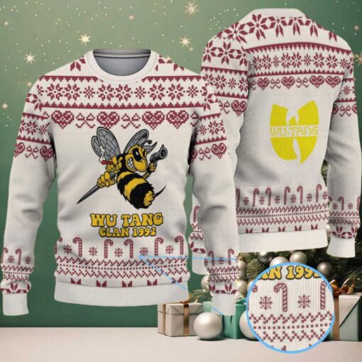 Cream and Burgundy Candy Cane Pattern “Wu Tang Clan 1992 Bee Logo” Ugly Christmas Sweater