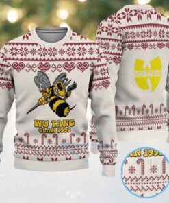 Cream and Burgundy Candy Cane Pattern “Wu Tang Clan 1992 Bee Logo” Ugly Christmas Sweater