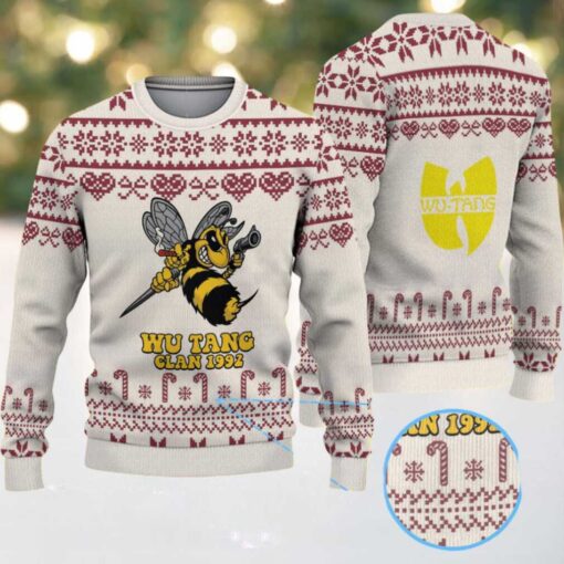 Cream and Burgundy Candy Cane Pattern “Wu Tang Clan 1992 Bee Logo” Ugly Christmas Sweater