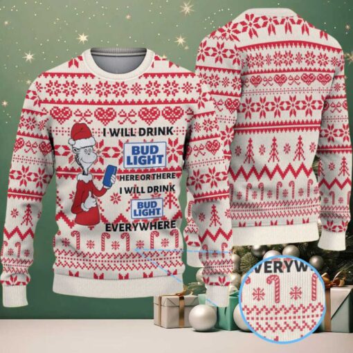 Cream and Red Candy Cane Pattern Dr. Seuss Bud Light Funny Ugly Christmas Sweater