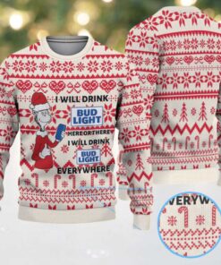 Cream and Red Candy Cane Pattern Dr. Seuss Bud Light Funny Ugly Christmas Sweater