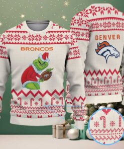 Cream and Red Denver Broncos Grinch Candy Cane Snowflake Pattern Vintage Ugly Christmas Sweater