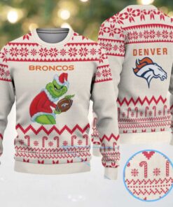 Cream and Red Denver Broncos Grinch Candy Cane Snowflake Pattern Vintage Ugly Christmas Sweater