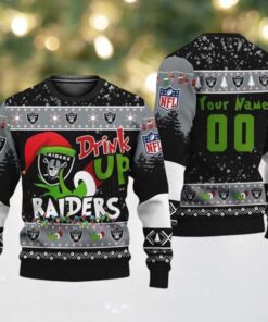 Custom Name Las Vegas Raiders Drink Up The Grinch NFL Personalized Christmas 2025 Holiday Ugly Christmas Sweater