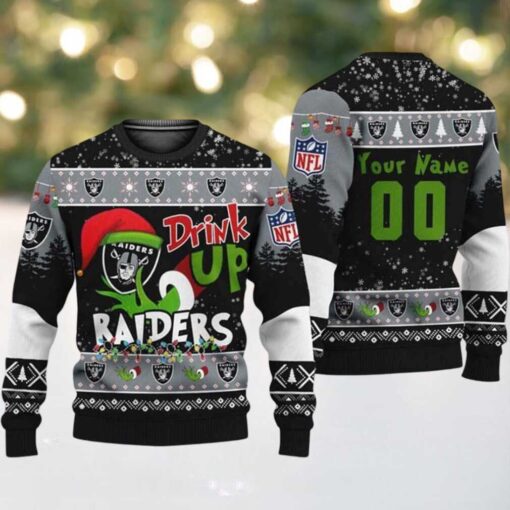Custom Name Las Vegas Raiders Drink Up The Grinch NFL Personalized Christmas 2025 Holiday Ugly Christmas Sweater