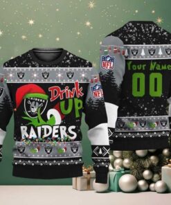 Custom Name Las Vegas Raiders Drink Up The Grinch NFL Personalized Christmas 2025 Holiday Ugly Christmas Sweater