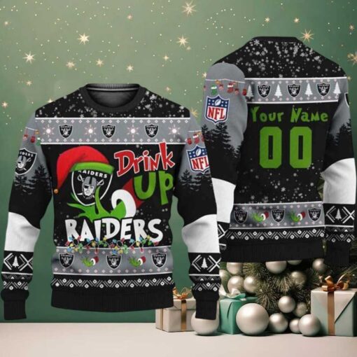 Custom Name Las Vegas Raiders Drink Up The Grinch NFL Personalized Christmas 2025 Holiday Ugly Christmas Sweater