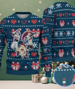 Dark Blue Ugly Christmas Sweater with Heart and Snowflake Patterns Featuring Pokémon Team Rocket Jessie James and Meowth