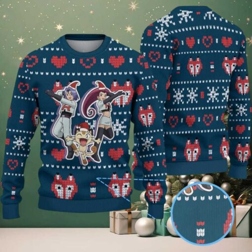 Dark Blue Ugly Christmas Sweater with Heart and Snowflake Patterns Featuring Pokémon Team Rocket Jessie James and Meowth