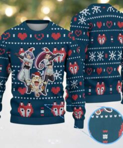 Dark Blue Ugly Christmas Sweater with Heart and Snowflake Patterns Featuring Pokémon Team Rocket Jessie James and Meowth