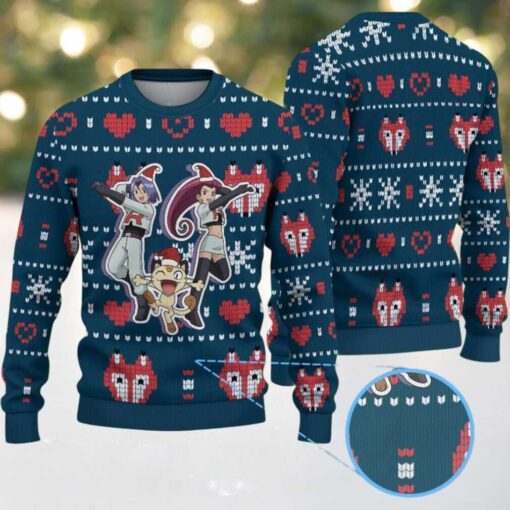 Dark Blue Ugly Christmas Sweater with Heart and Snowflake Patterns Featuring Pokémon Team Rocket Jessie James and Meowth