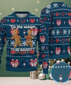 Dark Blue Ugly Christmas Sweater with Red and White Heart and Snowflake Pattern Featuring Funny Gingerbread Couple “Tis the Season to Be Naughty”