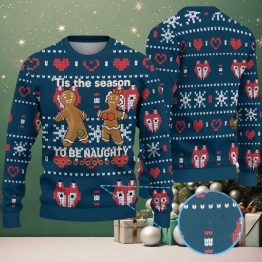 Dark Blue Ugly Christmas Sweater with Red and White Heart and Snowflake Pattern Featuring Funny Gingerbread Couple “Tis the Season to Be Naughty”