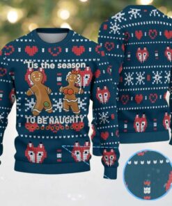 Dark Blue Ugly Christmas Sweater with Red and White Heart and Snowflake Pattern Featuring Funny Gingerbread Couple “Tis the Season to Be Naughty”